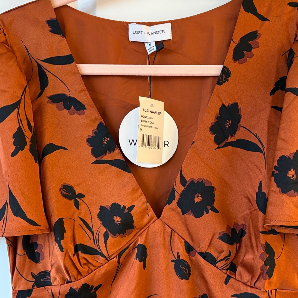 Lost + Wander Brown Midi Dress with Black Floral Pattern - Picture 5 of 7